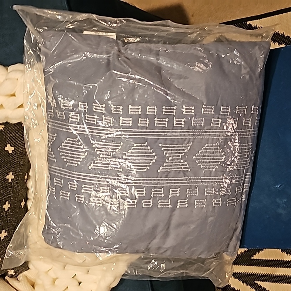 Urban habitat blue white geometric boho embroidered pillow